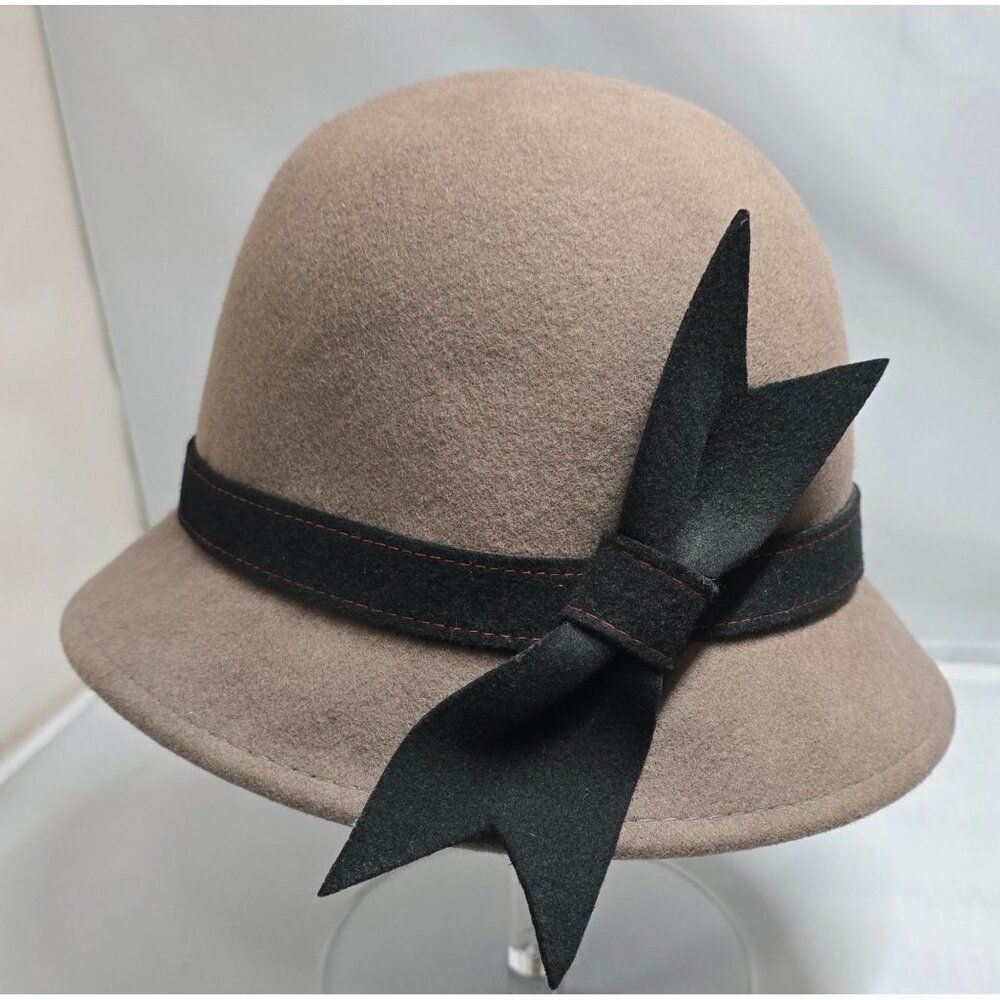 Brown Wool Cloche Hat With Black Ribbon & Bow Accent For Women
